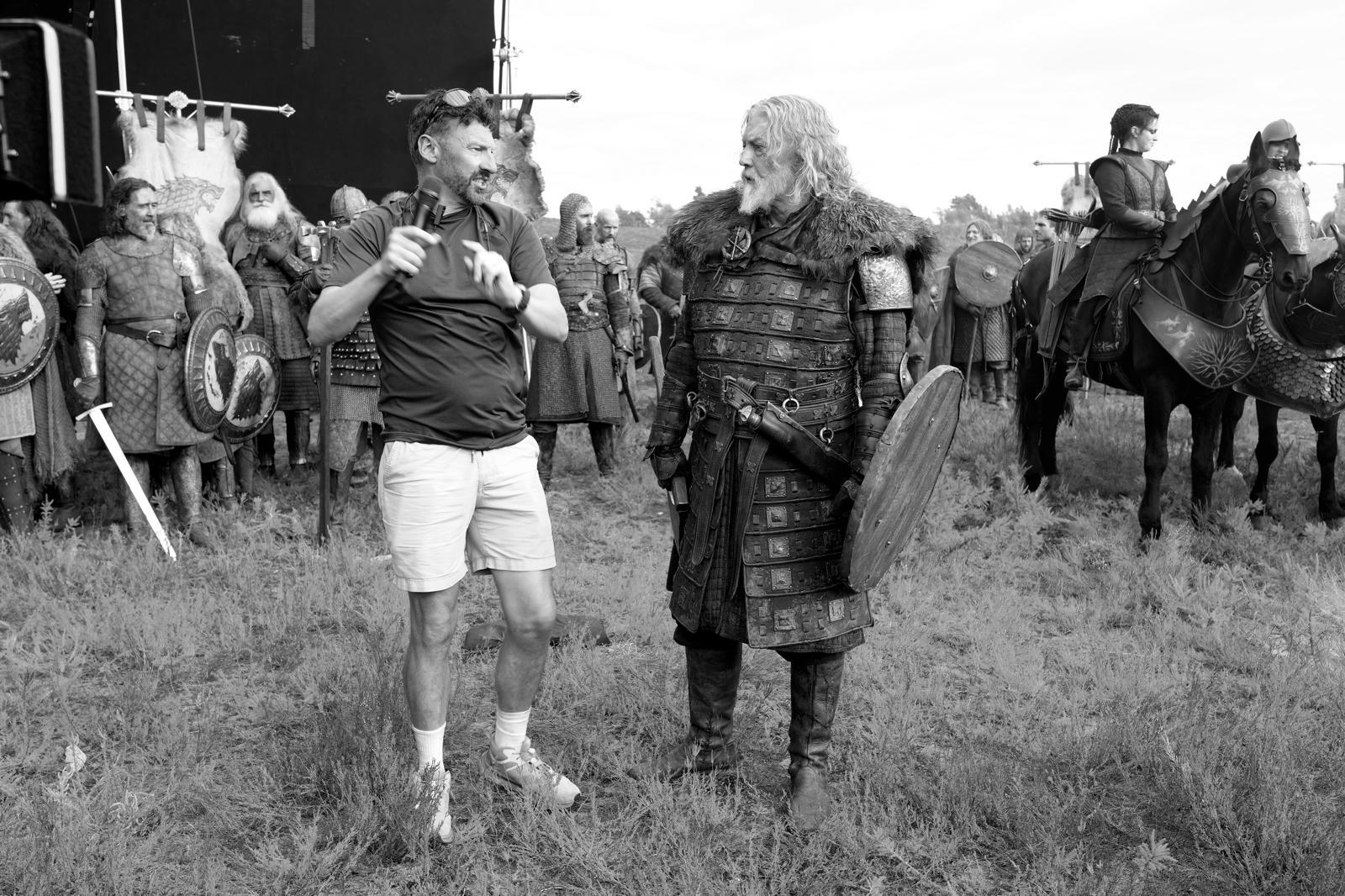 Tommy Flanagan in costume as Roddy the Ruin with the House of the Dragon production team