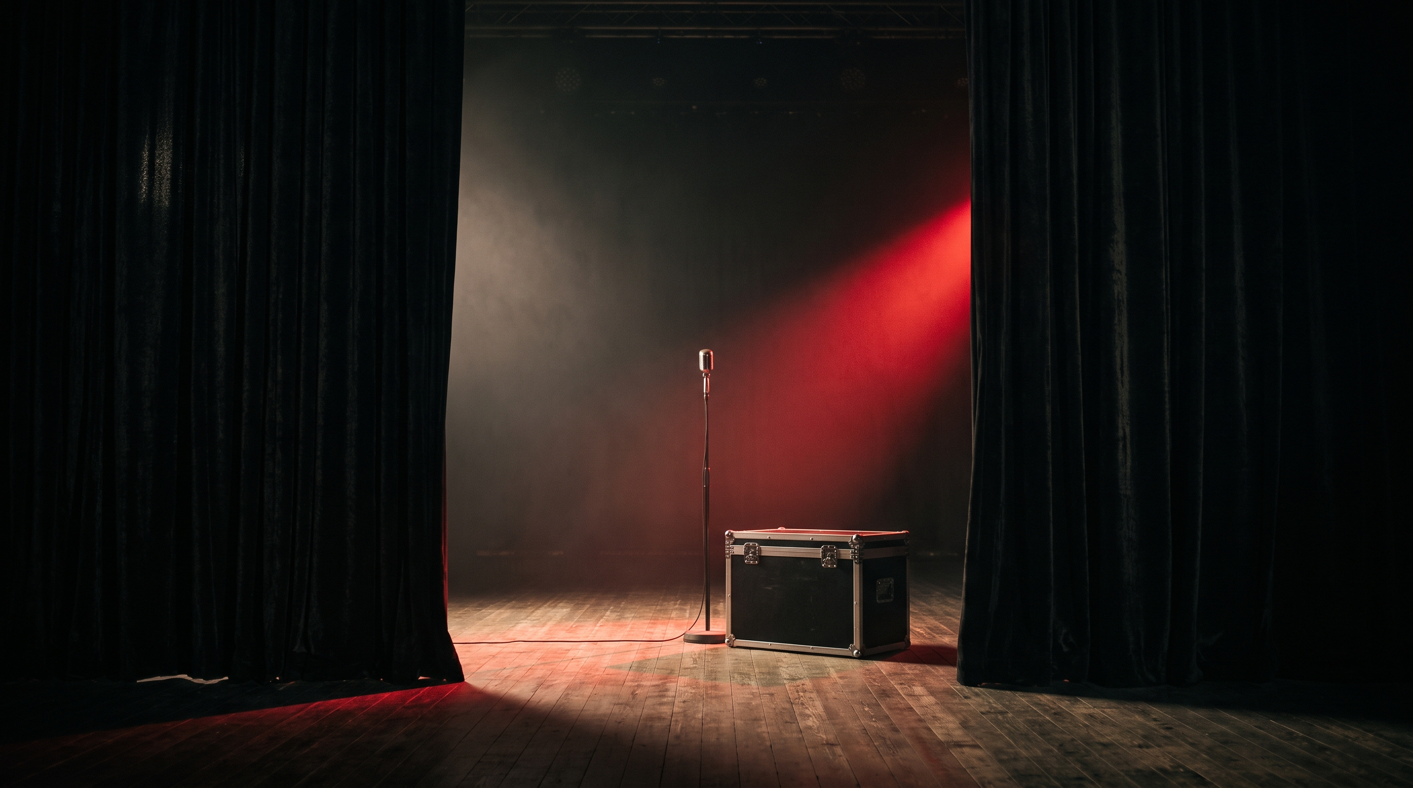 Backstage stage, microphone and flight case representing professional talent appearances