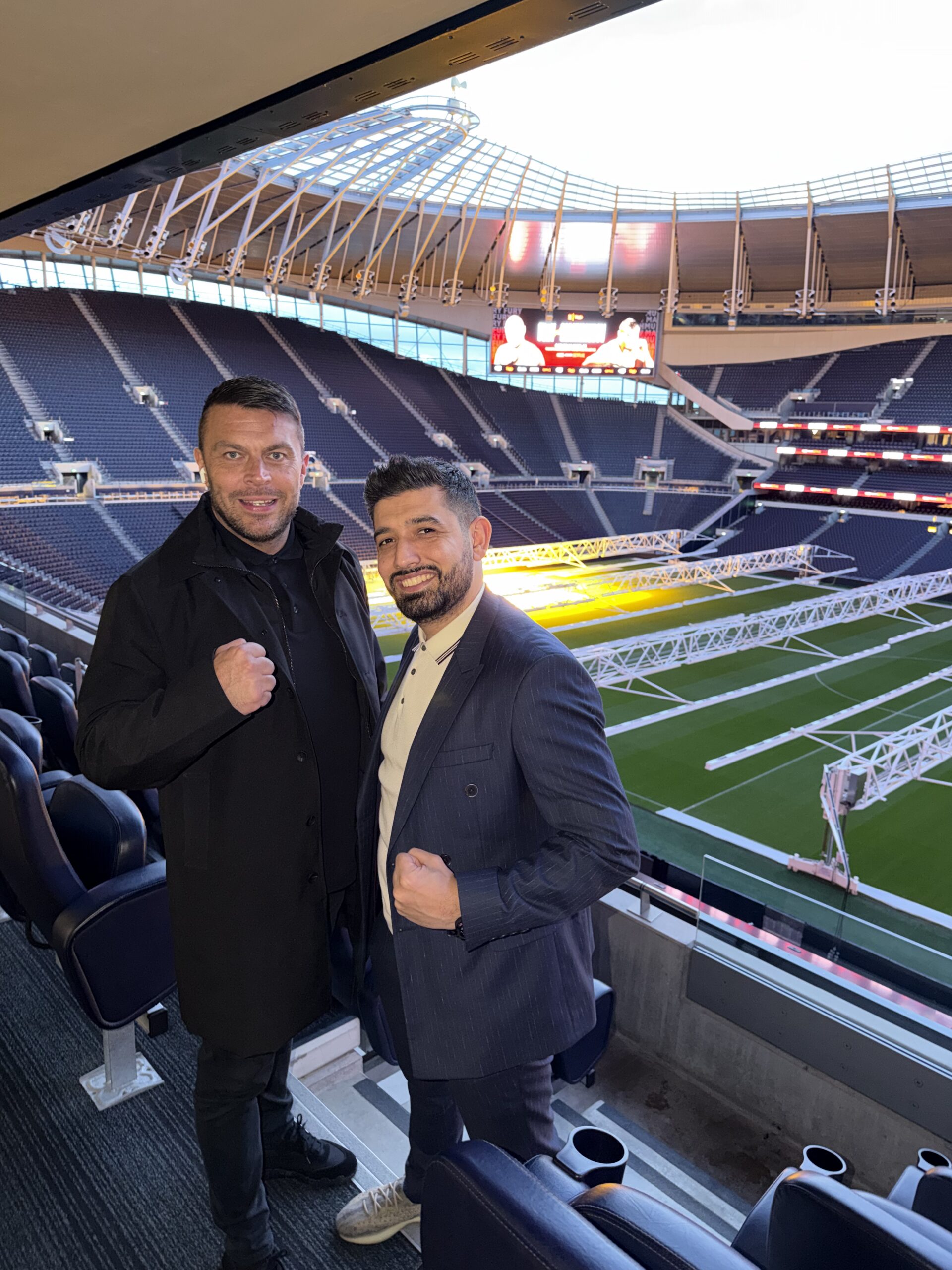Nav Salimian and Gold Star Head of Operations James Ward inside Tottenham Hotspur Stadium during Fury versus Makhmudov event preparations