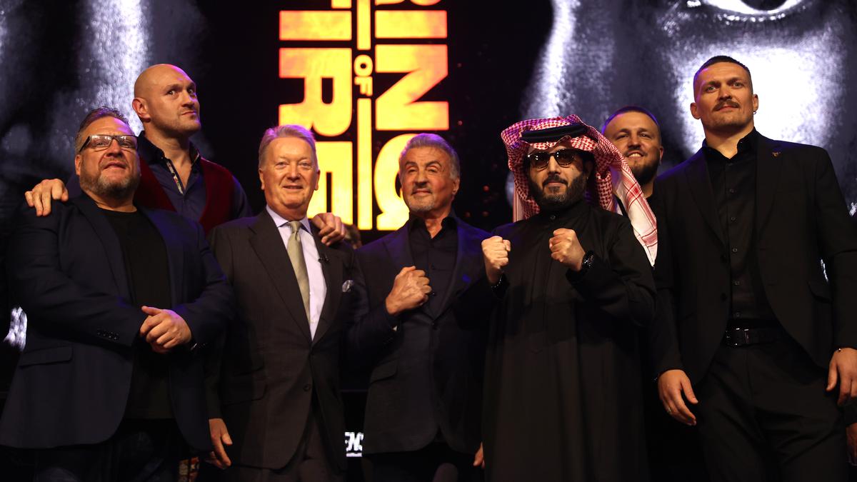 Spencer Brown with Tyson Fury, Frank Warren, Sylvester Stallone, Turki Alalshikh and Oleksandr Usyk at a major Riyadh Season boxing event