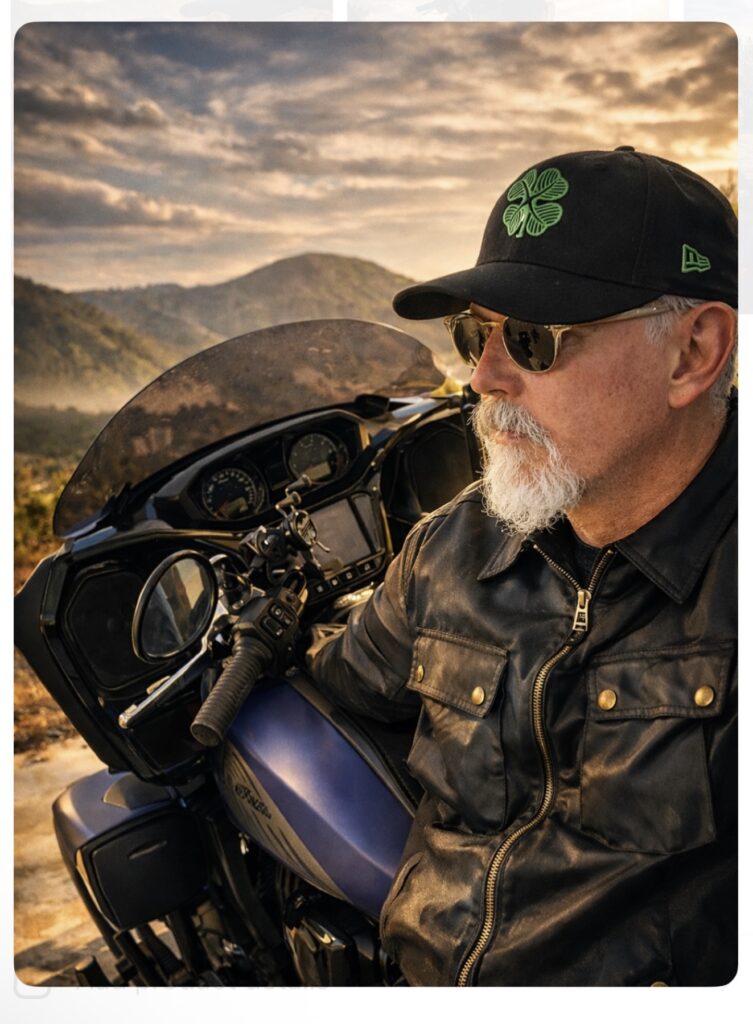 Tommy Flanagan with an Indian Motorcycle during the brand partnership developed by Never-Before
