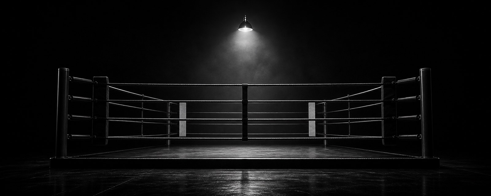 An empty boxing ring under a single overhead light