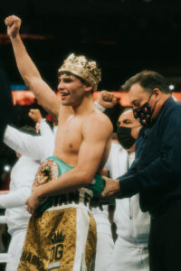Ryan Garcia celebrating his victory over Luke Campbell in 2021